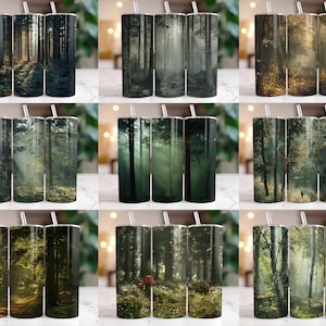 May include: Set of nine 20 oz stainless steel tumblers with a forest scene design. The tumblers feature different scenes of a forest with trees, leaves, and sunlight.