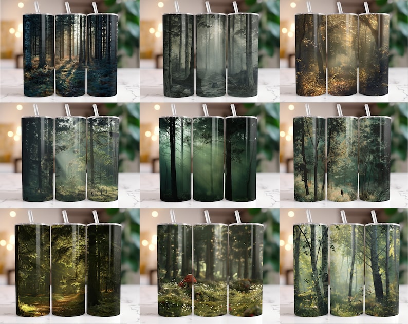 May include: Set of nine 20 oz stainless steel tumblers with a forest scene design. The tumblers feature different scenes of a forest with trees, leaves, and sunlight.