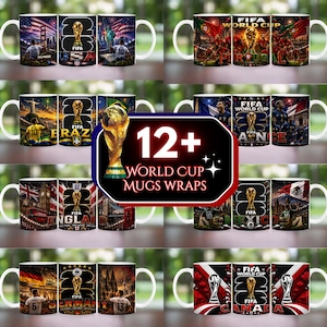 Peut inclure: Une collection de tasses en céramique blanche avec des motifs graphiques colorés représentant diverses équipes nationales de football, le trophée de la Coupe du Monde de la FIFA et le texte 12+ WORLD CUP MUGS WRAPS avec des monuments et drapeaux.