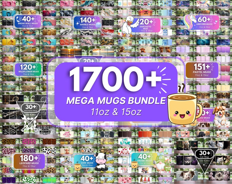 Pode incluir: Uma colagem de mais de 1700 designs de canecas diferentes em v&aacute;rias cores e padr&otilde;es. As canecas s&atilde;o de 11oz e 15oz. O texto "MEGA MUGS BUNDLE" est&aacute; em letras roxas grandes.