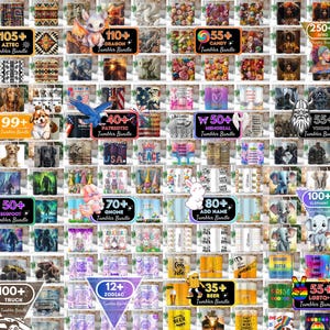 May include: A collage of colorful images featuring various designs for sublimation tumblers. The designs include animals, flags, trucks, gnomes, and more. The images are arranged in a grid pattern and each image includes a number and a description of the design. For example, one image shows a truck design and the text "100+ TRUCK Tumbler Bundle".