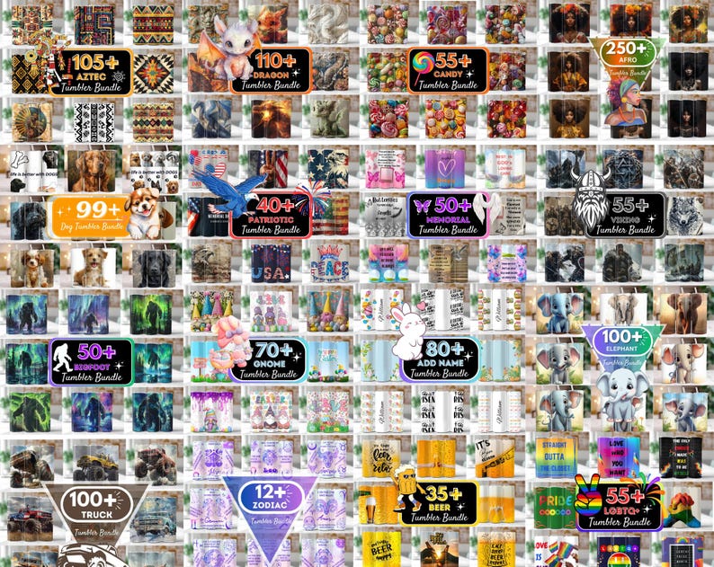 May include: A collage of colorful images featuring various designs for sublimation tumblers. The designs include animals, flags, trucks, gnomes, and more. The images are arranged in a grid pattern and each image includes a number and a description of the design. For example, one image shows a truck design and the text "100+ TRUCK Tumbler Bundle".
