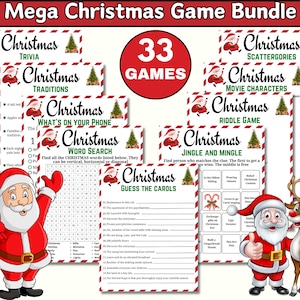 May include: A set of 33 printable Christmas games featuring Santa Claus and a reindeer. The games include trivia, traditions, word search, scattergories, movie characters, a riddle game, jingle and mingle, and guess the carols.
