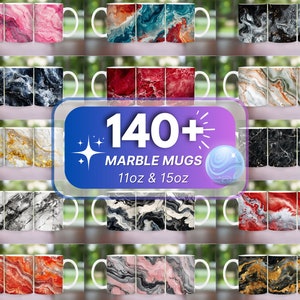 Può includere: Una collezione di oltre 140 tazze con design in marmo in vari colori, tra cui nero, bianco, oro, rosa, rosso e blu. Le tazze sono disponibili in dimensioni da 11 oz e 15 oz.