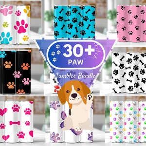 May include: A set of 30+ paw print sublimation designs for tumblers. The designs feature various colors and patterns, including pink, blue, black, white, and yellow. The designs also include paw prints and bones. The designs are perfect for creating custom tumblers for dog lovers.