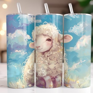 May include: Three stainless steel tumblers with a white fluffy lamb illustration against a blue and white cloudy sky background. The tumblers have a straw and a lid.