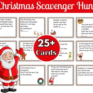May include: A set of 25+ Christmas scavenger hunt cards with red and green striped borders. The cards feature festive illustrations and rhyming clues for a fun holiday activity.