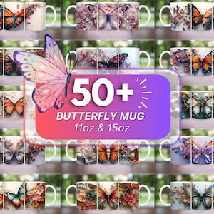 Butterfly Mug Wrap Bundle, Floral Mug Sublimation Bundle Png, 15oz 11oz Mug Sublimation, 3D butterfly mug bundle, floral mug wrap 3d mug png