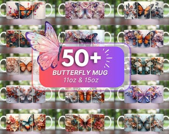 Butterfly Mug Wrap Bundle, Floral Mug Sublimation Bundle Png, 15oz 11oz Mug Sublimation, 3D butterfly mug bundle, floral mug wrap 3d mug png