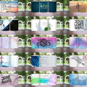 May include: Set of 12 white ceramic mugs with various Christian-themed designs and text. The mugs feature a variety of colors, including blue, green, red, and purple. The text on the mugs includes phrases such as "God Bless You", "Jesus Loves Deeply", and "Do Not Let Your Hearts Be Troubled".