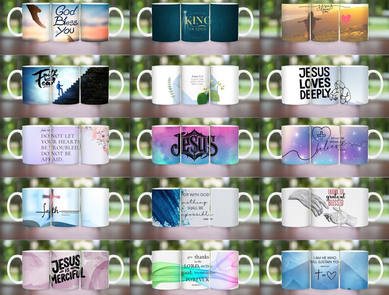 May include: Set of 12 white ceramic mugs with various Christian-themed designs and text. The mugs feature a variety of colors, including blue, green, red, and purple. The text on the mugs includes phrases such as "God Bless You", "Jesus Loves Deeply", and "Do Not Let Your Hearts Be Troubled".