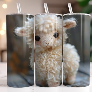 May include: A white fluffy lamb with a soft, fuzzy texture. The lamb is looking to the left with its head tilted slightly. The lamb is in focus, while the background is blurred.