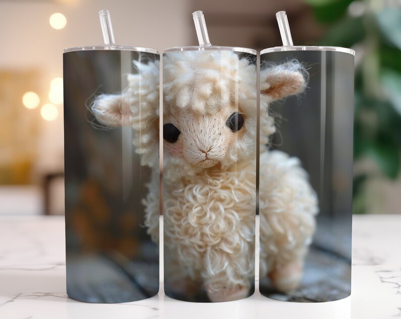 May include: A white fluffy lamb with a soft, fuzzy texture. The lamb is looking to the left with its head tilted slightly. The lamb is in focus, while the background is blurred.