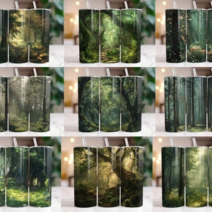 May include: Set of three stainless steel tumblers with a forest scene design. The tumblers feature a green, brown, and yellow color scheme with a variety of trees and foliage. The design is reminiscent of a magical forest.