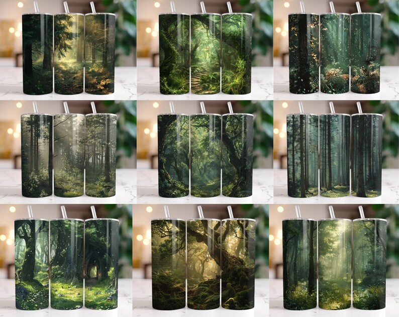 May include: Set of three stainless steel tumblers with a forest scene design. The tumblers feature a green, brown, and yellow color scheme with a variety of trees and foliage. The design is reminiscent of a magical forest.