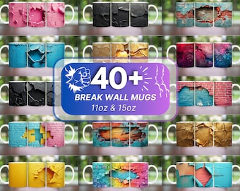Paquete de más de 40 diseños innovadores de envolturas de tazas de pared en 3D, sublimación de tazas de 11 oz y 15 oz, envoltura de taza con agujero en la pared, taza de café con agujero de grieta en la pared grunge