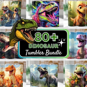 Op de afbeelding: Een set van 80+ kleurrijke dinosaurusbekerontwerpen. De bekers tonen een verscheidenheid aan dinosaurussen in verschillende poses en stijlen, waaronder een cartoon-dinosaurus, een realistische dinosaurus en een dinosaurus met een psychedelisch ontwerp. De bekers zijn perfect om een ​​leuke en unieke touch aan je interieur te geven.