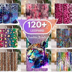 May include: A set of 120+ leopard print tumbler designs. The tumblers feature a variety of colours and patterns, including pink, blue, green, and yellow. The tumblers are perfect for adding a touch of style to your everyday life.