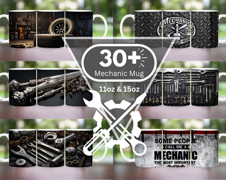Pode incluir: Um conjunto de mais de 30 canecas de caf&eacute; com tema mec&acirc;nico. As canecas apresentam v&aacute;rios designs, incluindo ferramentas, chaves e um logotipo de mec&acirc;nico. As canecas est&atilde;o dispon&iacute;veis nos tamanhos 11oz e 15oz.