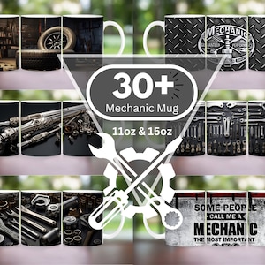 May include: Set of 30+ mechanic themed coffee mugs. The mugs feature various designs including tools, wrenches, and a mechanic's garage. The mugs are available in 11oz and 15oz sizes.