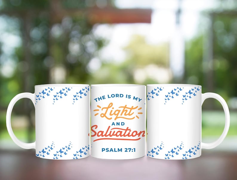 May include: White ceramic mug with a blue butterfly pattern and the text "The Lord is my Light and Salvation Psalm 27:1"