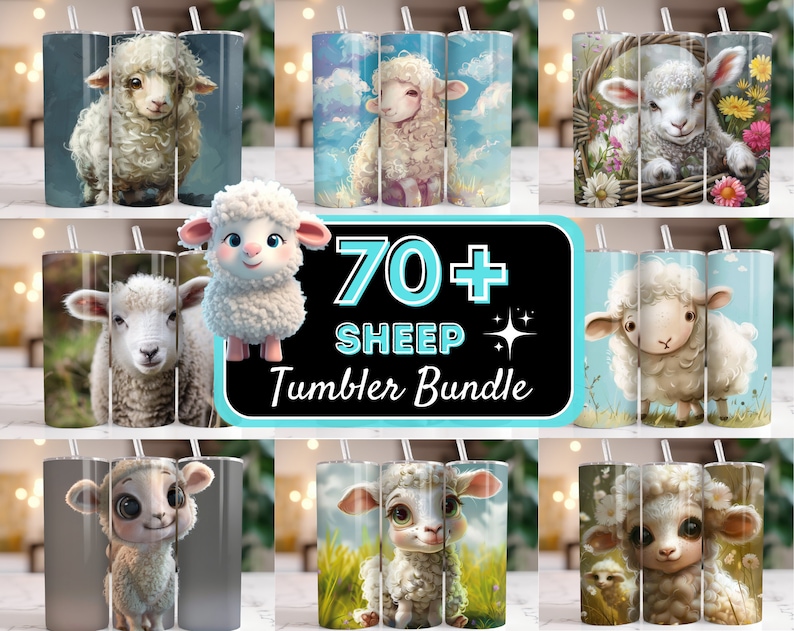 May include: A set of 70+ sublimation designs featuring cute cartoon sheep in various poses and settings. The designs are perfect for creating custom tumblers, mugs, and other personalized gifts.