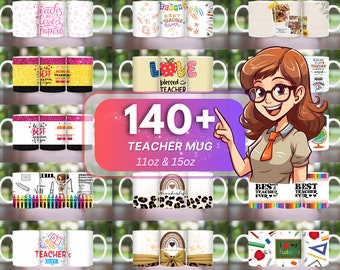 Pode incluir: Uma coleção de mais de 140 canecas de professor em vários designs. As canecas são brancas com diferentes designs e textos coloridos, incluindo "Melhor professor de todos os tempos", "Amor abençoado professor" e "Dia do professor". As canecas estão disponíveis nos tamanhos 11oz e 15oz.