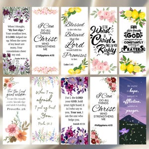May include: A collection of Christian-themed bookmarks with floral designs and inspirational quotes. Each bookmark features a different Bible verse, such as Philippians 4:13 and Luke 1:45, with decorative flowers and lemons.