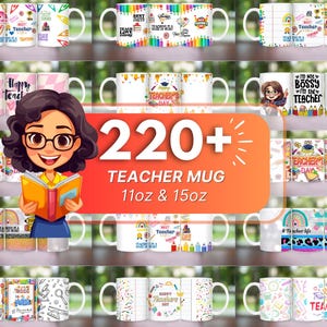 Op de afbeelding: Meer dan 220 verschillende leraar mok ontwerpen in 11oz en 15oz maten. De mokken hebben een verscheidenheid aan kleurrijke ontwerpen en spreuken met betrekking tot het onderwijs.