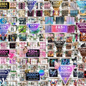 May include: A collage of images featuring various designs for sublimation tumblers. The designs include themes such as teachers, autism, cancer awareness, butterflies, and more. The images are arranged in a grid pattern and each design is labeled with a number and a description.