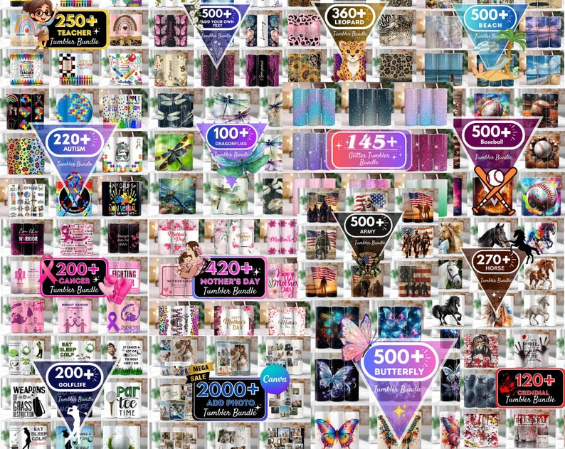 May include: A collage of images featuring various designs for sublimation tumblers. The designs include themes such as teachers, autism, cancer awareness, butterflies, and more. The images are arranged in a grid pattern and each design is labeled with a number and a description.