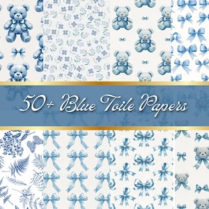 Blue Toile De Jouy Digital Paper, Vintage Floral Patterns Grandmillenial Pattern Blue White Chinoiseries Backgrounds, French Toile scrapbook