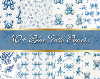 Blaues Toile De Jouy Digitales Papier, Vintage Blumenmuster Grandmillenial Muster Blau Weiß Chinoiseries Hintergründe, französisches Toile scrapbook