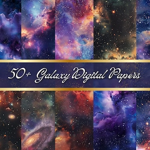 Peut inclure: Une collection de plus de 50 papiers numériques avec des motifs de galaxies vibrantes dans des tons de violet, bleu et rouge avec des étoiles scintillantes et des nébuleuses.