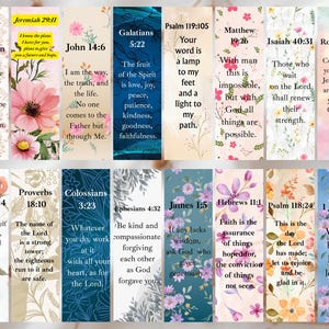 May include: A collection of colorful floral bookmarks with Bible verses. Each bookmark features a different verse and floral design, with verses from Revelation, Jeremiah, John, Galatians, Psalm, Matthew, Isaiah, Romans, Proverbs, Colossians, Ephesians, James, Hebrews, and 1 John.