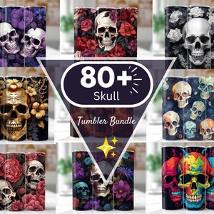 May include: A set of three sublimation tumblers featuring different skull designs. The tumblers have a variety of colourful floral, galaxy, and abstract patterns. The text "80+ Skull Tumbler Bundle" is displayed in the centre of the image.