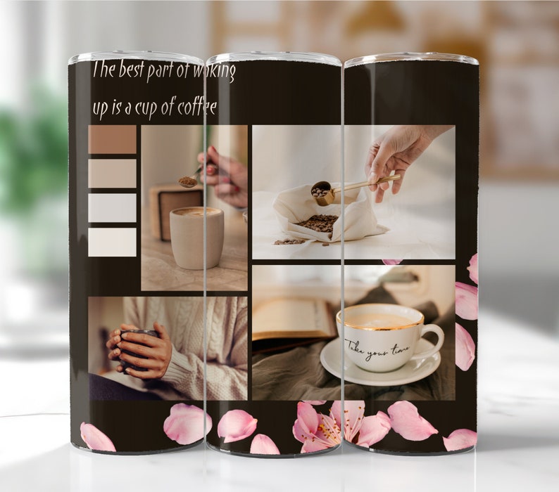 Pu&ograve; includere: Un bicchiere nero e bianco con un collage di immagini legate al caff&egrave;. Le immagini includono una tazza di caff&egrave;, chicchi di caff&egrave; e una mano che tiene un cucchiaio. Il bicchiere ha un motivo floreale rosa sul fondo.