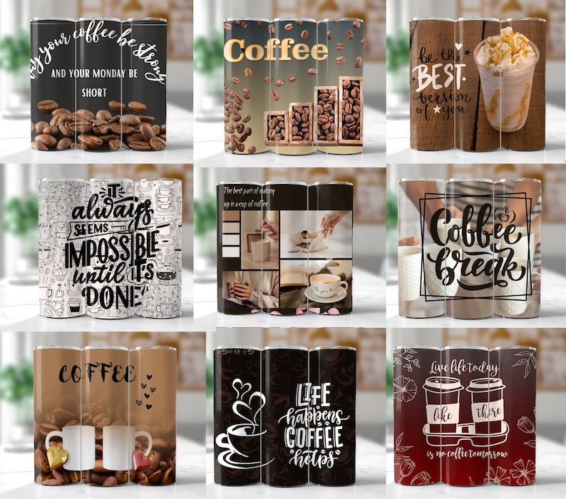 Pu&ograve; includere: Set di nove bicchieri da caff&egrave; con diversi design e motti a tema caff&egrave;. I design includono chicchi di caff&egrave;, tazze da caff&egrave; e citazioni ispiratrici. I motti includono "Coffee be strong", "It always seems impossible until it's done", "Life happens coffee helps", e "Live life today like there is no coffee tomorrow".