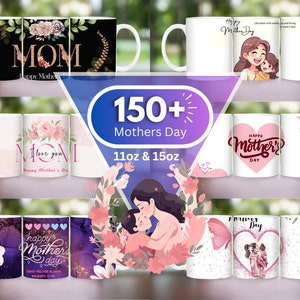 Op de afbeelding: Een assortiment van 11oz en 15oz witte keramische mokken met verschillende ontwerpen voor Moederdag. De ontwerpen omvatten bloemmotieven, harten, vlinders en tekst zoals "Happy Mother's Day", "Mom" en "I love you".