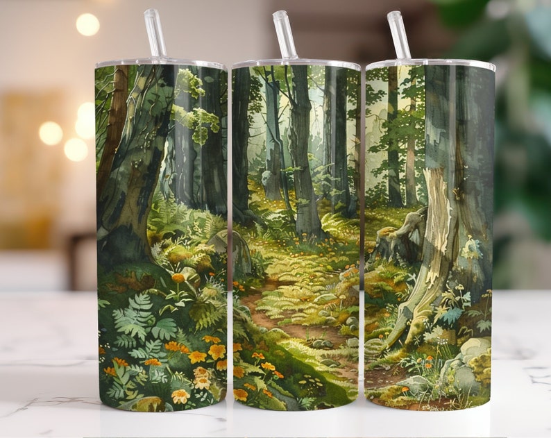 May include: Three stainless steel tumblers with a forest scene design. The scene features a path through a lush green forest with tall trees and a mossy ground.