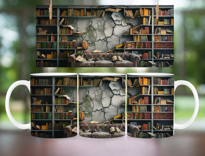 3D Book Mug Wrap, 11 oz & 15 oz Mug Design, 3D Bookshelf Mug Sublimation, 3D Books Mug Wrap, PNG Book Lover Mug Book Coffee Mug, Books Png image 10