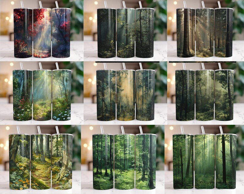 May include: Set of three 20 oz stainless steel tumblers with a forest scene design. The tumblers feature a variety of forest scenes, including a sunlit path through the trees, a misty forest, and a dense forest with tall trees.