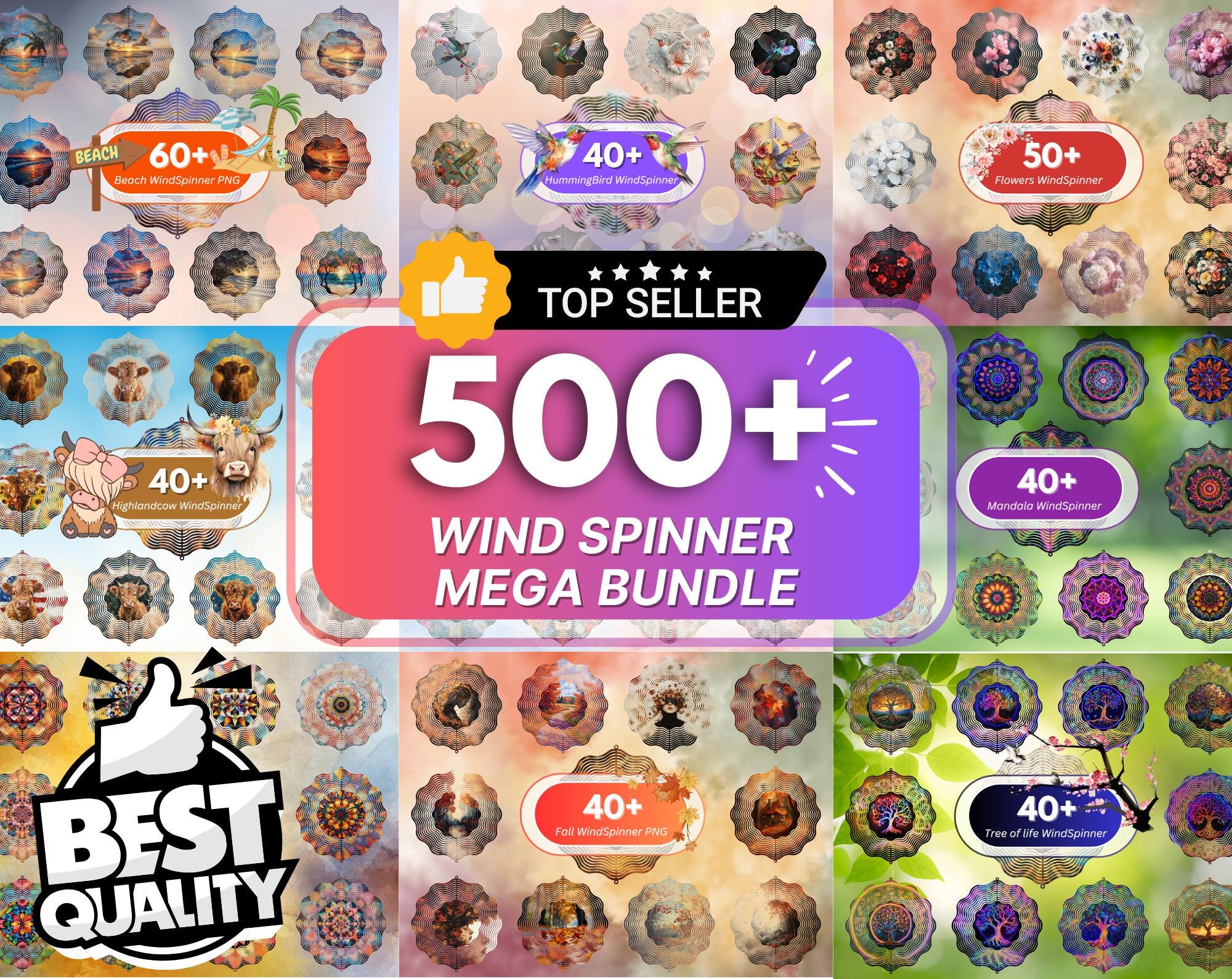 500+ Wind Spinner Sublimation, Mega Wind Spinners Bundle, Neon Mandala Kaleidoscope Cardinal, Bass Fish, Floral Cross Christian Humming Bird