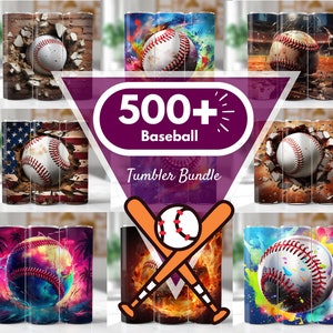 May include: A collection of 500+ baseball-themed tumbler designs. The tumblers feature a variety of designs, including baseballs, bats, and American flags. The tumblers are perfect for any baseball fan.