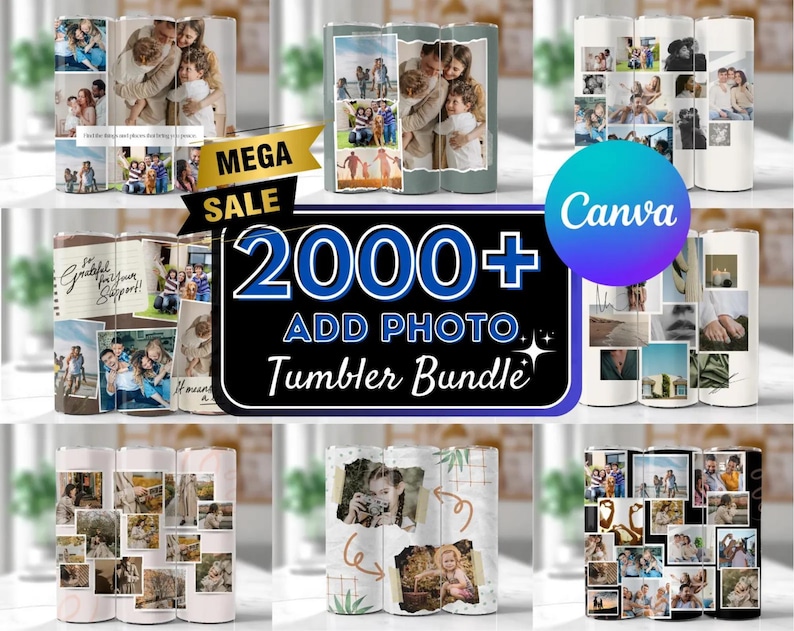 May include: A collection of 2000+ customizable photo tumblers. The tumblers feature a variety of designs, including a floral pattern, a collage of photos, and a simple design with the text "Grateful for your support!" The tumblers are perfect for adding a personal touch to your everyday life.