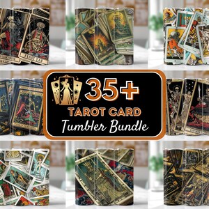 May include: A set of 35+ tarot card designs for tumblers. The designs feature various tarot cards with gold accents and a black background. The designs are perfect for creating unique and personalized tumblers.