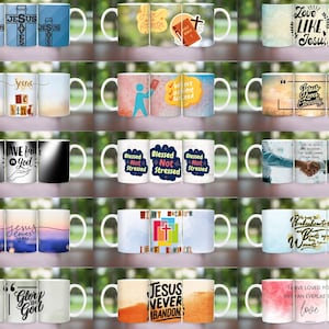 May include: Set of 12 white ceramic mugs with various Christian-themed designs and sayings. The mugs feature colorful graphics and text such as "Jesus Loves You", "Blessed Not Stressed", "Have Faith in God", and "Love Like Jesus".
