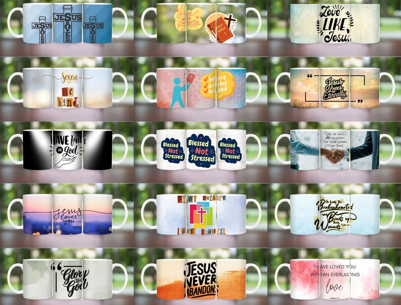 May include: Set of 12 white ceramic mugs with various Christian-themed designs and sayings. The mugs feature colorful graphics and text such as "Jesus Loves You", "Blessed Not Stressed", "Have Faith in God", and "Love Like Jesus".