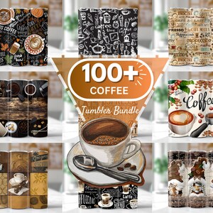 Pu&ograve; includere: Un set di oltre 100 bicchieri per caff&egrave; a tema caff&egrave;. I bicchieri presentano vari design, tra cui chicchi di caff&egrave;, tazze da caff&egrave; e illustrazioni di caffetterie. Il testo "100+ COFFEE Tumbler Bundle" &egrave; visualizzato al centro dell'immagine.