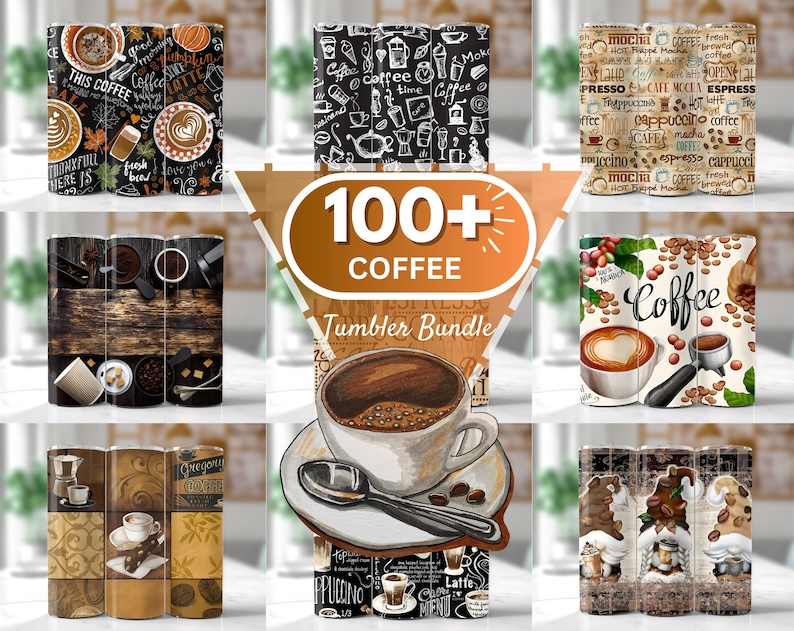Pu&ograve; includere: Un set di oltre 100 bicchieri per caff&egrave; a tema caff&egrave;. I bicchieri presentano vari design, tra cui chicchi di caff&egrave;, tazze da caff&egrave; e illustrazioni di caffetterie. Il testo "100+ COFFEE Tumbler Bundle" &egrave; visualizzato al centro dell'immagine.